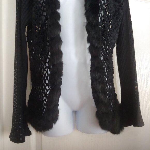Ruby Cho Black Floral Knitted Faux Fur Sweater Sequin Open Front Romantic XL - Picture 4 of 16